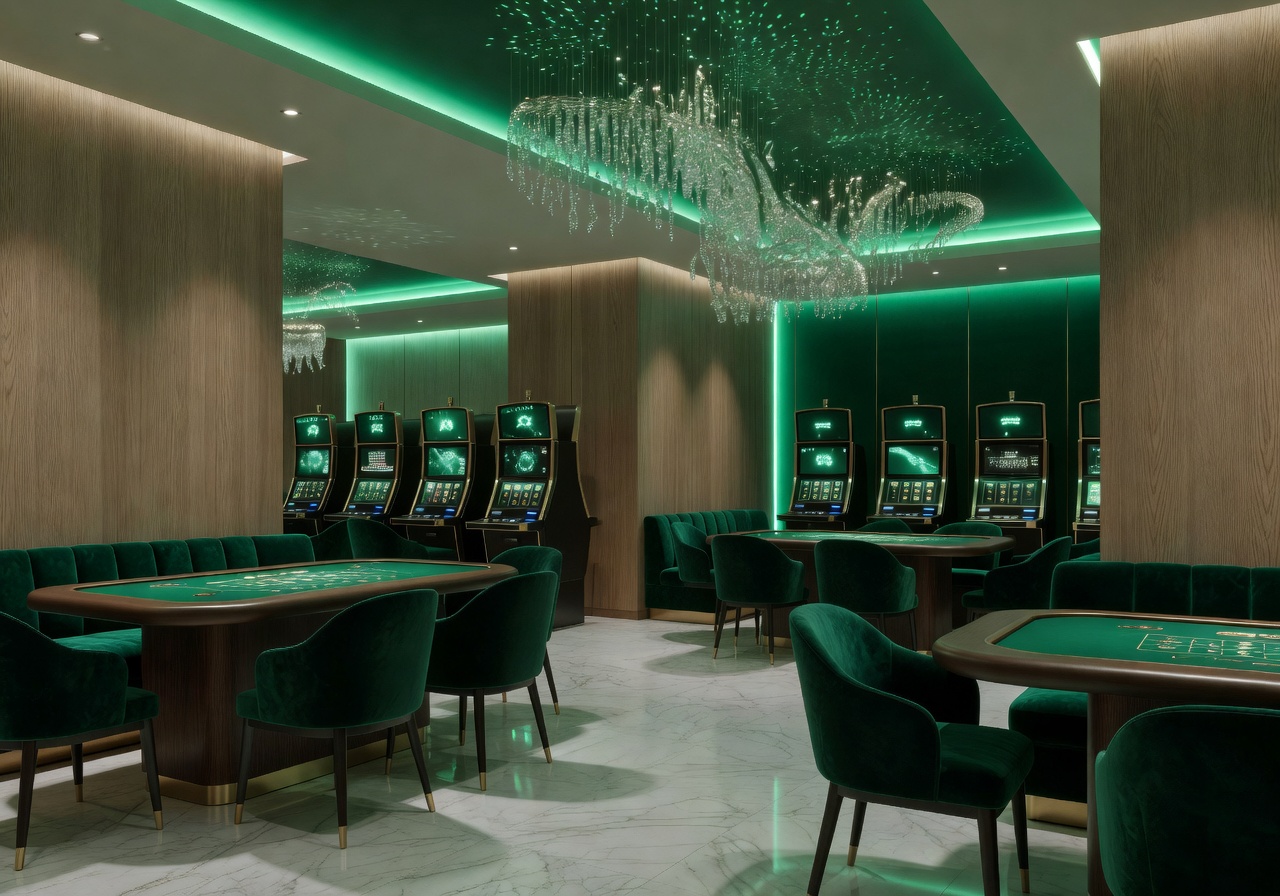 Luxury casino-style entertainment floor with emerald lighting and Nordic interior