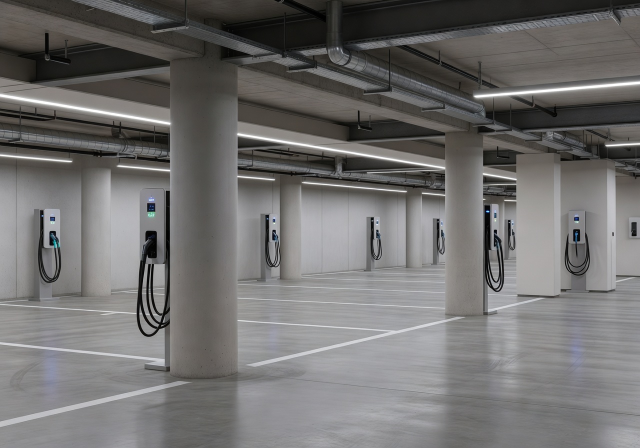 Modern underground parking facility with EV charging stations