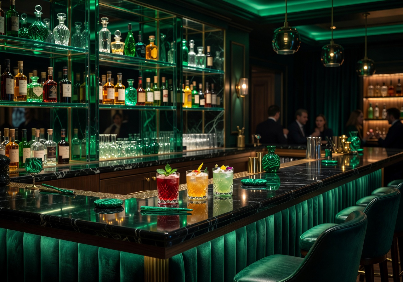 Premium cocktail bar with emerald accents