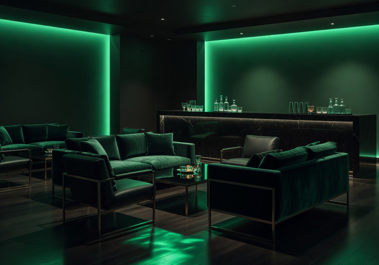 Sophisticated entertainment lounge with emerald lighting