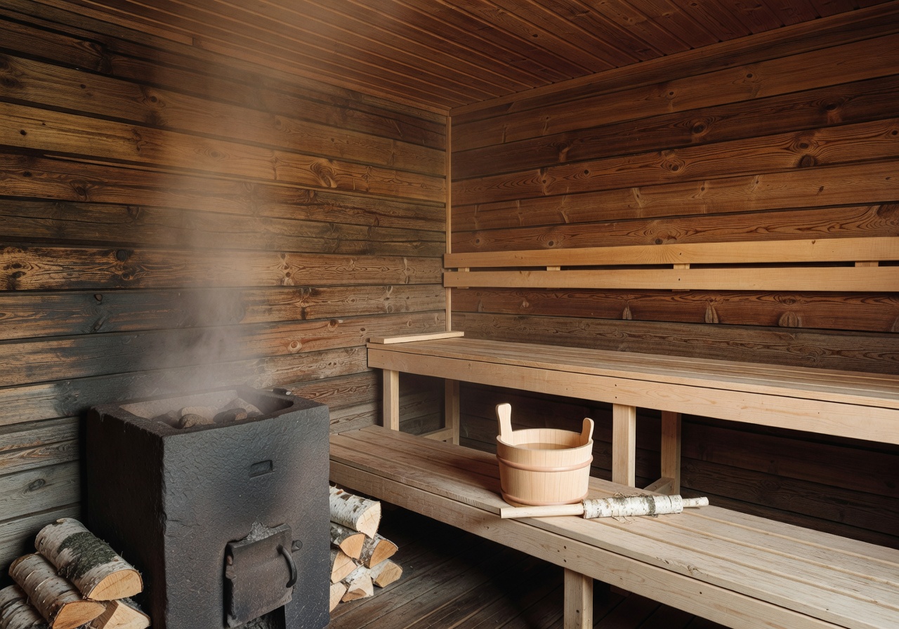 Traditional Finnish sauna interior with wood paneling